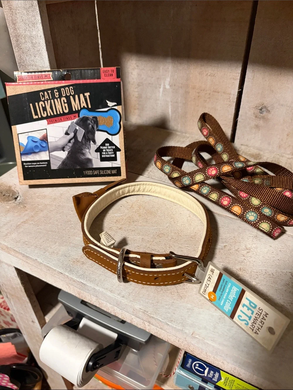 Brown Leather Dog Collar and leash and a licking mat for cat or dog